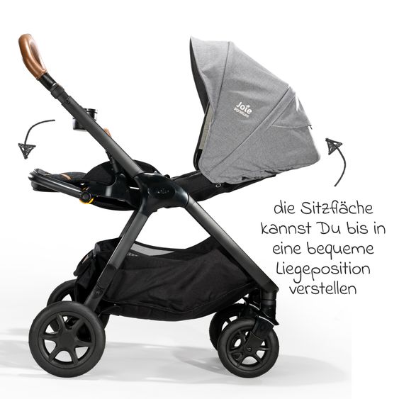 Joie Signature 4in1 Kombi-Kinderwagen-Set Finiti bis 22 kg belastbar mit Liegeposition, Kinderwagenkette, Greifling, Spieluhr, Babyschale - Teleskopschieber, Sportsitz, Babywanne Ramble XL, Babyschale, Adapter & Zubehörpaket - Signature - Carbon