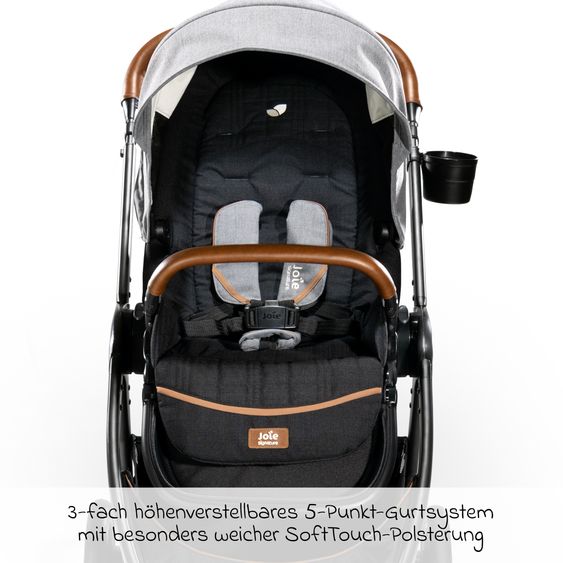 Joie Signature 4in1 Kombi-Kinderwagen-Set Finiti bis 22 kg belastbar mit Liegeposition, Kinderwagenkette, Greifling, Spieluhr, Babyschale - Teleskopschieber, Sportsitz, Babywanne Ramble XL, Babyschale, Adapter & Zubehörpaket - Signature - Carbon