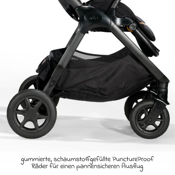 Joie Signature 4in1 Kombi-Kinderwagen-Set Finiti bis 22 kg belastbar mit Liegeposition, Kinderwagenkette, Greifling, Spieluhr, Babyschale - Teleskopschieber, Sportsitz, Babywanne Ramble XL, Babyschale, Adapter & Zubehörpaket - Signature - Carbon