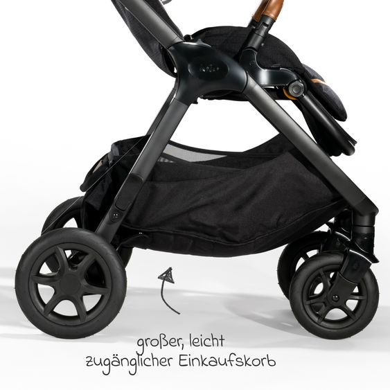 Joie Signature 4in1 Kombi-Kinderwagen-Set Finiti bis 22 kg belastbar mit Liegeposition, Kinderwagenkette, Greifling, Spieluhr, Babyschale - Teleskopschieber, Sportsitz, Babywanne Ramble XL, Babyschale, Adapter & Zubehörpaket - Signature - Carbon