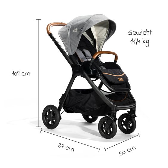 Joie Signature 4in1 Kombi-Kinderwagen-Set Finiti bis 22 kg belastbar mit Liegeposition, Kinderwagenkette, Greifling, Spieluhr, Babyschale - Teleskopschieber, Sportsitz, Babywanne Ramble XL, Babyschale, Adapter & Zubehörpaket - Signature - Carbon