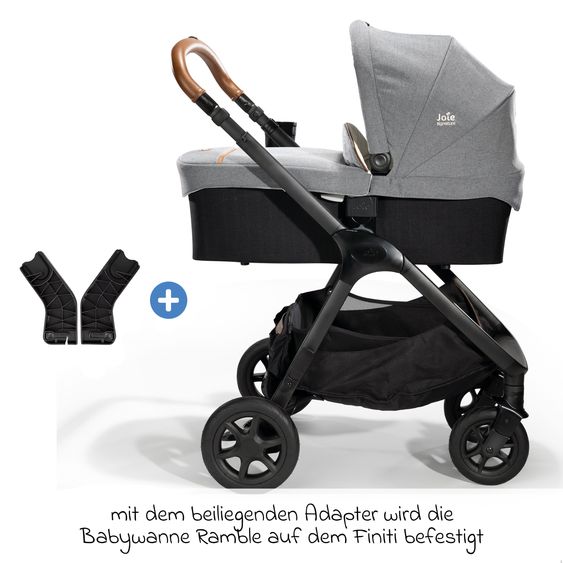 Joie Signature 4in1 Kombi-Kinderwagen-Set Finiti bis 22 kg belastbar mit Liegeposition, Kinderwagenkette, Greifling, Spieluhr, Babyschale - Teleskopschieber, Sportsitz, Babywanne Ramble XL, Babyschale, Adapter & Zubehörpaket - Signature - Carbon