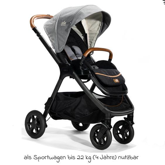 Joie Signature 4in1 Kombi-Kinderwagen-Set Finiti bis 22 kg belastbar mit Liegeposition, Kinderwagenkette, Greifling, Spieluhr, Babyschale - Teleskopschieber, Sportsitz, Babywanne Ramble XL, Babyschale, Adapter & Zubehörpaket - Signature - Carbon