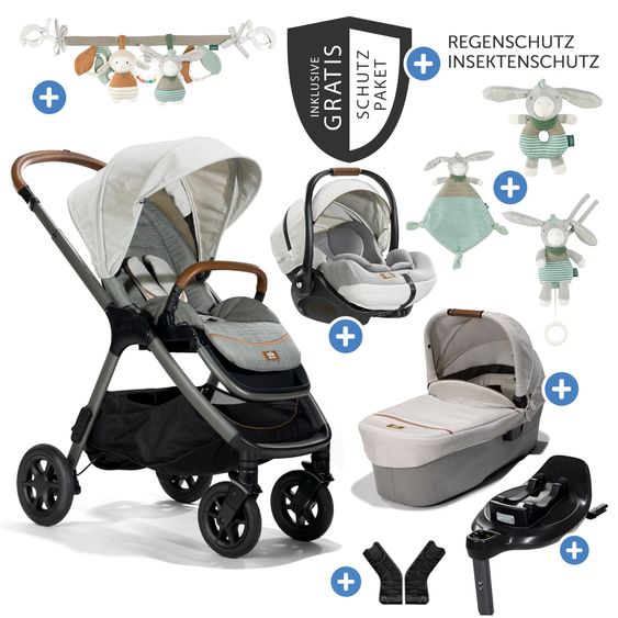 Joie Signature 4in1 Kombi-Kinderwagen-Set Finiti bis 22 kg belastbar mit Liegeposition, Kinderwagenkette, Greifling, Spieluhr - Teleskopschieber, Sportsitz, Babywanne Ramble XL, Babyschale, Adapter & Zubehörpaket - Signature - Oyster