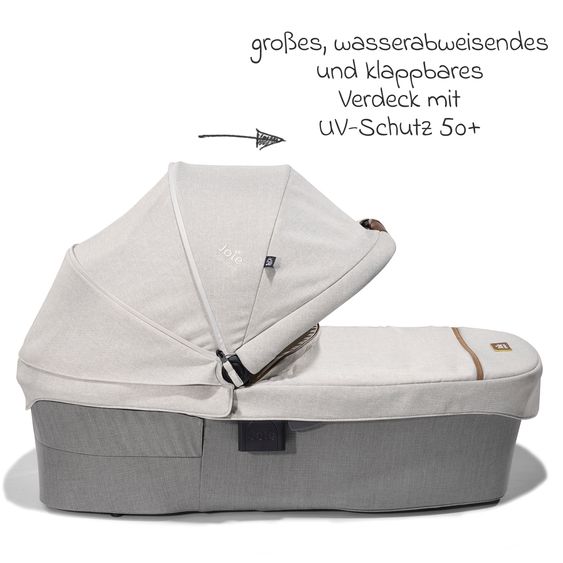 Joie Signature 4in1 Kombi-Kinderwagen-Set Finiti bis 22 kg belastbar mit Liegeposition, Kinderwagenkette, Greifling, Spieluhr - Teleskopschieber, Sportsitz, Babywanne Ramble XL, Babyschale, Adapter & Zubehörpaket - Signature - Oyster