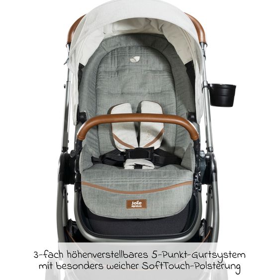 Joie Signature 4in1 Kombi-Kinderwagen-Set Finiti bis 22 kg belastbar mit Liegeposition, Kinderwagenkette, Greifling, Spieluhr - Teleskopschieber, Sportsitz, Babywanne Ramble XL, Babyschale, Adapter & Zubehörpaket - Signature - Oyster