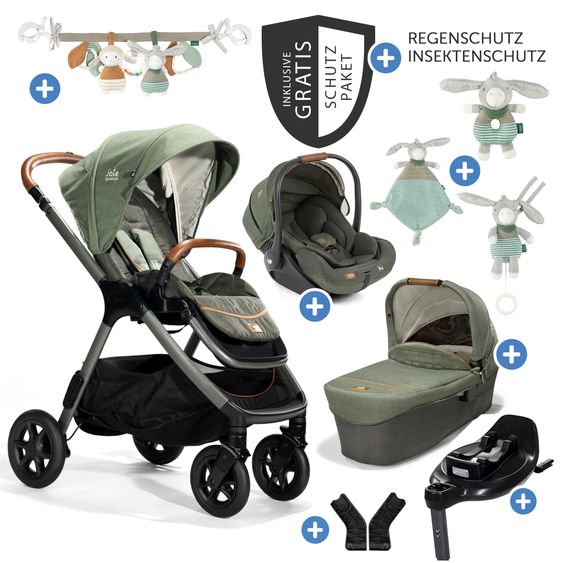 Joie Signature 4in1 Kombi-Kinderwagen-Set Finiti bis 22 kg belastbar mit Liegeposition, Kinderwagenkette, Greifling, Spieluhr - Teleskopschieber, Sportsitz, Babywanne Ramble XL, Babyschale, Adapter & Zubehörpaket - Signature - Pine