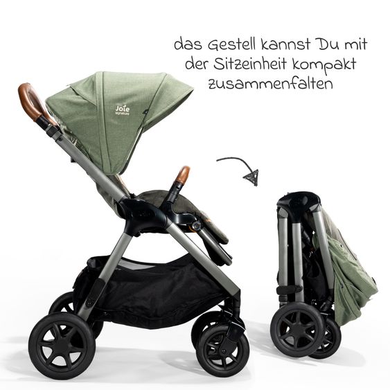 Joie Signature 4in1 Kombi-Kinderwagen-Set Finiti bis 22 kg belastbar mit Liegeposition, Kinderwagenkette, Greifling, Spieluhr - Teleskopschieber, Sportsitz, Babywanne Ramble XL, Babyschale, Adapter & Zubehörpaket - Signature - Pine