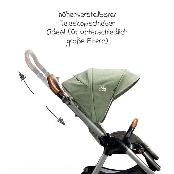 Joie Signature 4in1 Kombi-Kinderwagen-Set Finiti bis 22 kg belastbar mit Liegeposition, Kinderwagenkette, Greifling, Spieluhr - Teleskopschieber, Sportsitz, Babywanne Ramble XL, Babyschale, Adapter & Zubehörpaket - Signature - Pine