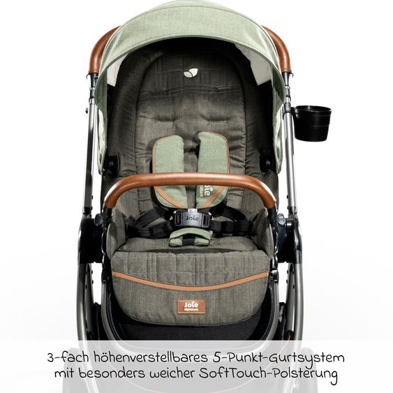 Joie Signature 4in1 Kombi-Kinderwagen-Set Finiti bis 22 kg belastbar mit Liegeposition, Kinderwagenkette, Greifling, Spieluhr - Teleskopschieber, Sportsitz, Babywanne Ramble XL, Babyschale, Adapter & Zubehörpaket - Signature - Pine