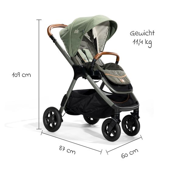 Joie Signature 4in1 Kombi-Kinderwagen-Set Finiti bis 22 kg belastbar mit Liegeposition, Kinderwagenkette, Greifling, Spieluhr - Teleskopschieber, Sportsitz, Babywanne Ramble XL, Babyschale, Adapter & Zubehörpaket - Signature - Pine