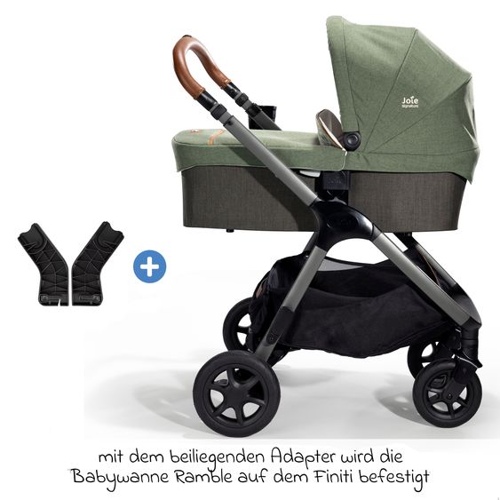 Joie Signature 4in1 Kombi-Kinderwagen-Set Finiti bis 22 kg belastbar mit Liegeposition, Kinderwagenkette, Greifling, Spieluhr - Teleskopschieber, Sportsitz, Babywanne Ramble XL, Babyschale, Adapter & Zubehörpaket - Signature - Pine