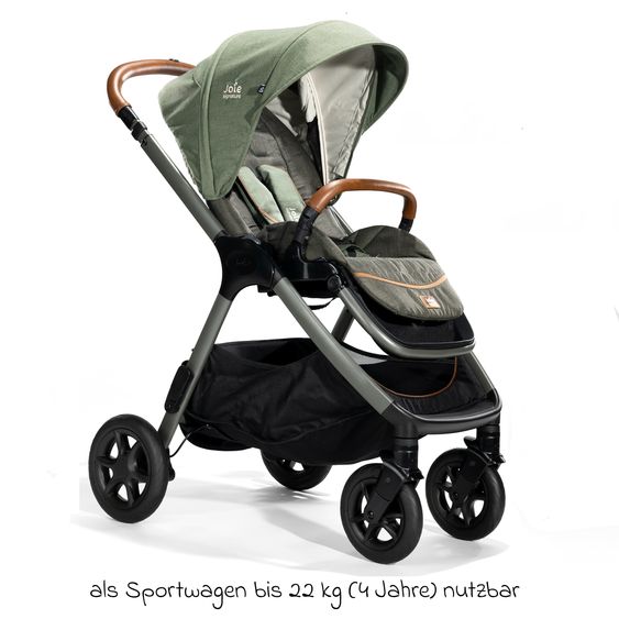 Joie Signature 4in1 Kombi-Kinderwagen-Set Finiti bis 22 kg belastbar mit Liegeposition, Kinderwagenkette, Greifling, Spieluhr - Teleskopschieber, Sportsitz, Babywanne Ramble XL, Babyschale, Adapter & Zubehörpaket - Signature - Pine