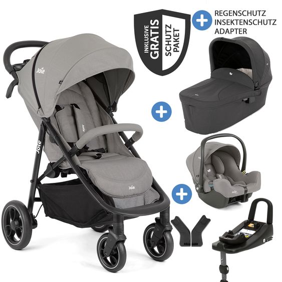 joie Set di passeggini Litetrax 4in1, capacità di carico fino a 22 kg con vano portaoggetti per barra di spinta, seggiolino auto i-Snug 2, navicella Ramble, adattatore, base Isofix e pacchetto accessori - Pebble