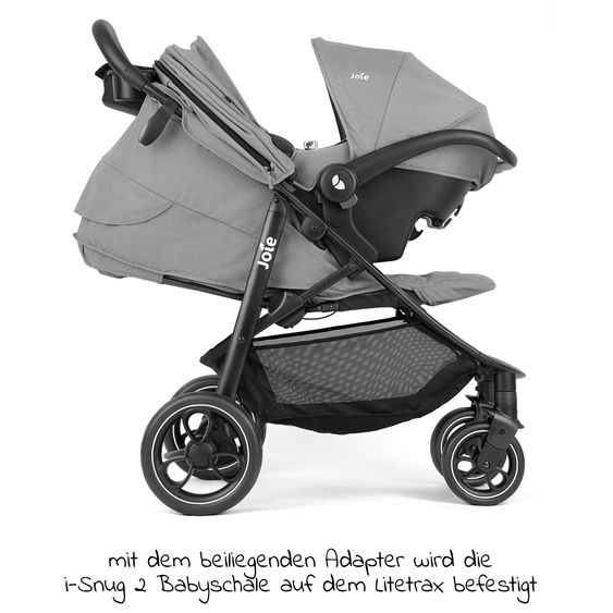 joie Set di passeggini Litetrax 4in1, capacità di carico fino a 22 kg con vano portaoggetti per barra di spinta, seggiolino auto i-Snug 2, navicella Ramble, adattatore, base Isofix e pacchetto accessori - Pebble