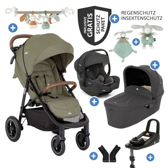 joie 4in1 Kombi-Kinderwagen-Set Litetrax Pro Air bis 22 kg belastbar Luftreifen mit Kinderwagenkette, Ring-Greifling & Schmusetuch - Schieber-Ablagefach, Babyschale i-Snug 2, Babywanne Ramble, Adapter, Isofix-Basis & Zubehör Paket - Rosemary