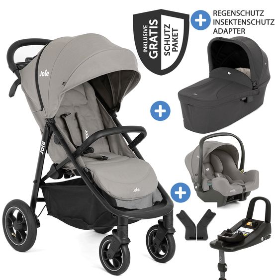 joie 4in1 Kombi-Kinderwagen-Set Litetrax Pro Air bis 22 kg belastbar mit Luftreifen, Schieber-Ablagefach, Babyschale i-Snug 2, Babywanne Ramble, Adapter, Isofix-Basis & Zubehör Paket - Pebble