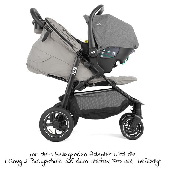 joie 4in1 Kombi-Kinderwagen-Set Litetrax Pro Air bis 22 kg belastbar mit Luftreifen, Schieber-Ablagefach, Babyschale i-Snug 2, Babywanne Ramble, Adapter, Isofix-Basis & Zubehör Paket - Pebble