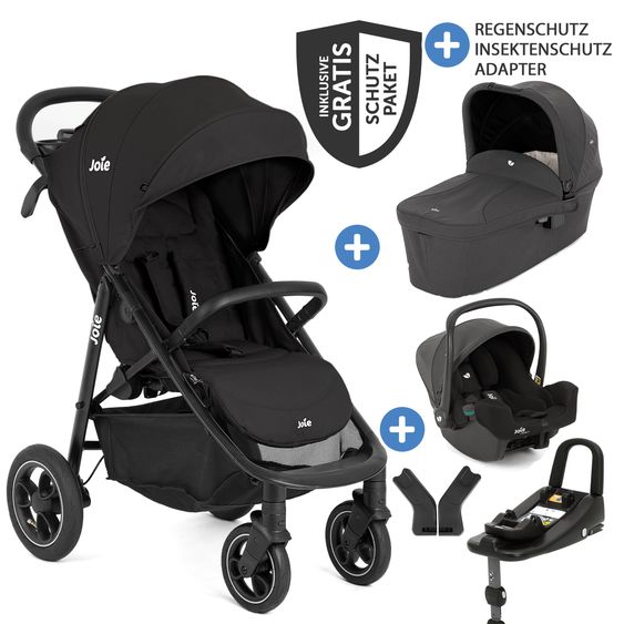 joie 4in1 Kombi-Kinderwagen-Set Litetrax Pro Air bis 22 kg belastbar mit Luftreifen, Schieber-Ablagefach, Babyschale i-Snug 2, Babywanne Ramble, Adapter, Isofix-Basis & Zubehör Paket - Shale