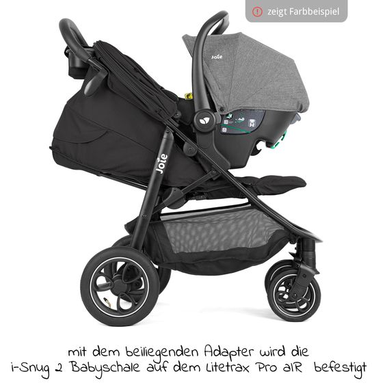 joie 4in1 Kombi-Kinderwagen-Set Litetrax Pro Air bis 22 kg belastbar mit Luftreifen, Schieber-Ablagefach, Babyschale i-Snug 2, Babywanne Ramble, Adapter, Isofix-Basis & Zubehör Paket - Shale