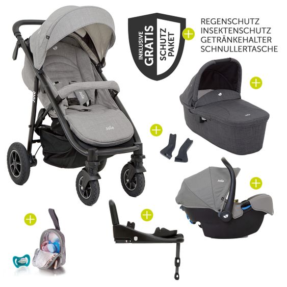 joie 4in1 Kombi-Kinderwagen-Set Mytrax Flex mit Babyschale, Babywanne, Isofix-Basis, Adapter & XXL Zubehörpaket - Gray Flannel