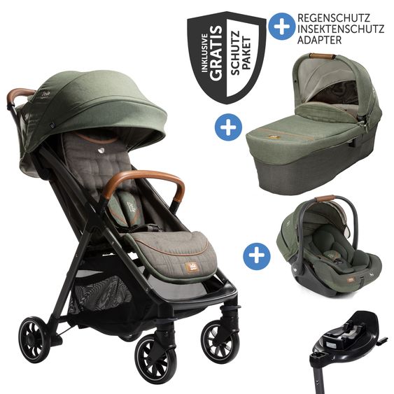 Joie Signature 4in1 Kombi-Kinderwagen-Set Parcel bis 22 kg belastbar mit Liegefunktion, Babyschale i-Level-Recline, Babywanne Ramble XL, Adapter, Isofix-Basis, Transporttasche & Zubehör-Paket - Signature - Pine