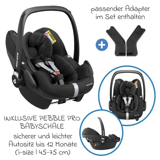 joie 4in1 Kombi-Kinderwagen-Set Versatrax bis 22 kg belastbar mit Babywanne Ramble XL, Babyschale Pebble Pro, Isofix-Basis, Activity-Trapez, Schmusetuch, Greifling, Adapter & Zubehörpaket - Moonlight