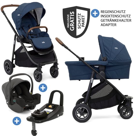 joie 4in1 Kombi-Kinderwagen-Set Versatrax bis 22 kg belastbar - umsetzbare Sitzeinheit, Babywanne Ramble XL, Babyschale i-Snug 2, Adapter, Isofix-Basis & Zubehör Paket - Deep Sea