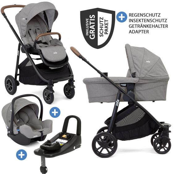joie 4in1 Kombi-Kinderwagen-Set Versatrax bis 22 kg belastbar - umsetzbare Sitzeinheit, Babywanne Ramble XL, Babyschale i-Snug, Adapter, Isofix-Basis & Zubehör Paket - Gray Flannel