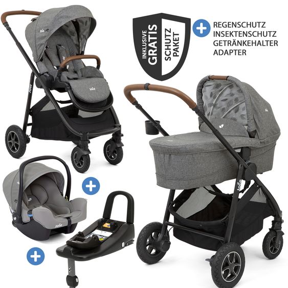 joie 4in1 Kombi-Kinderwagen-Set Versatrax bis 22 kg belastbar - umsetzbare Sitzeinheit, Babywanne Ramble XL, Babyschale i-Snug 2, Adapter, Isofix-Basis & Zubehör Paket - Grey Flower