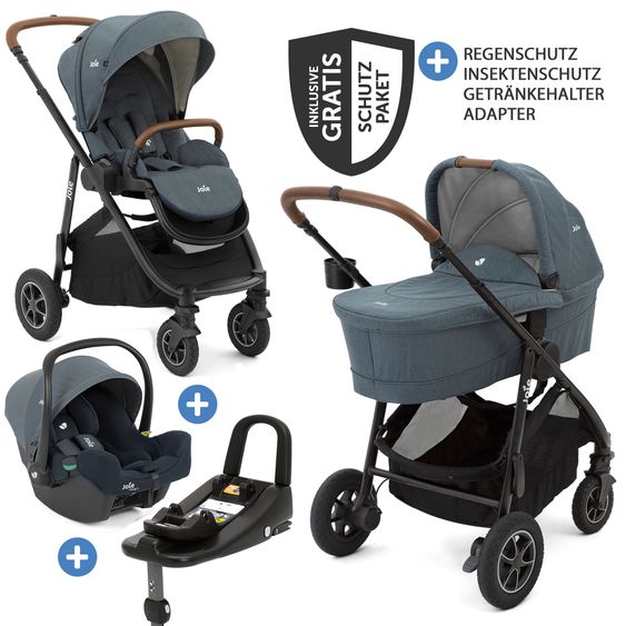 joie 4in1 Kombi-Kinderwagen-Set Versatrax bis 22 kg belastbar - umsetzbare Sitzeinheit, Babywanne Ramble XL, Babyschale i-Snug 2, Adapter, Isofix-Basis & Zubehör Paket - Lagoon