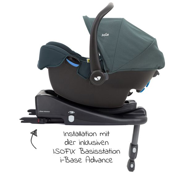 joie 4in1 Kombi-Kinderwagen-Set Versatrax bis 22 kg belastbar - umsetzbare Sitzeinheit, Babywanne Ramble XL, Babyschale i-Snug 2, Adapter, Isofix-Basis & Zubehör Paket - Lagoon