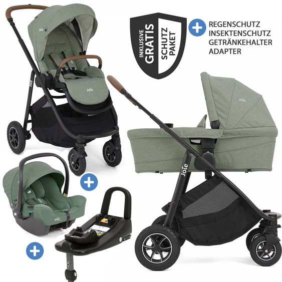 joie 4in1 Kombi-Kinderwagen-Set Versatrax bis 22 kg belastbar - umsetzbare Sitzeinheit, Babywanne Ramble XL, Babyschale i-Snug 2, Adapter, Isofix-Basis & Zubehör Paket - Laurel