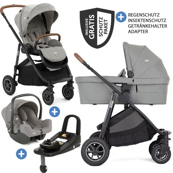 joie 4in1 Kombi-Kinderwagen-Set Versatrax bis 22 kg belastbar - umsetzbare Sitzeinheit, Babywanne Ramble XL, Babyschale i-Snug 2, Adapter, Isofix-Basis & Zubehör Paket - Pebble