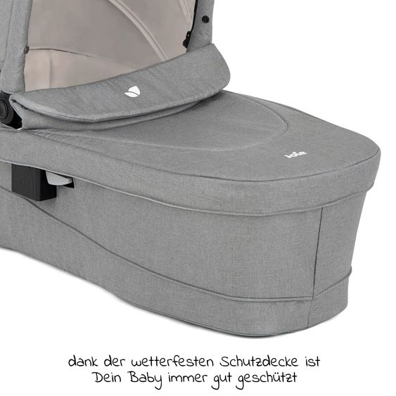 joie 4in1 Kombi-Kinderwagen-Set Versatrax bis 22 kg belastbar - umsetzbare Sitzeinheit, Babywanne Ramble XL, Babyschale i-Snug 2, Adapter, Isofix-Basis & Zubehör Paket - Pebble