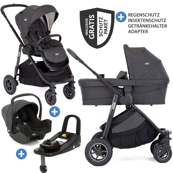 joie 4in1 Kombi-Kinderwagen-Set Versatrax bis 22 kg belastbar - umsetzbare Sitzeinheit, Babywanne Ramble XL, Babyschale i-Snug 2, Adapter, Isofix-Basis & Zubehör Paket - Shale