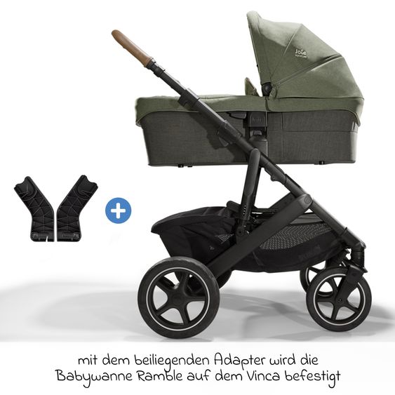 Joie Signature 4in1 Kombi-Kinderwagen-Set Vinca bis 22 kg belastbar mit Kinderwagenkette, Greifling, Schmusetuch, Spieluhr - Teleskopschieber, Sitzeinheit, Babyschale i-Jemini, Babywanne Ramble XL, Adapter & Zubehörpaket - Signature - Pine