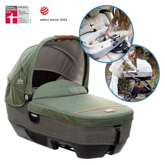 Joie Signature Auto-Babywanne Calmi R129 im Auto und auf den Kinderwagen Vinca, Aeria, Finiti verwendbar inkl. Regenschutz - Signature - Pine