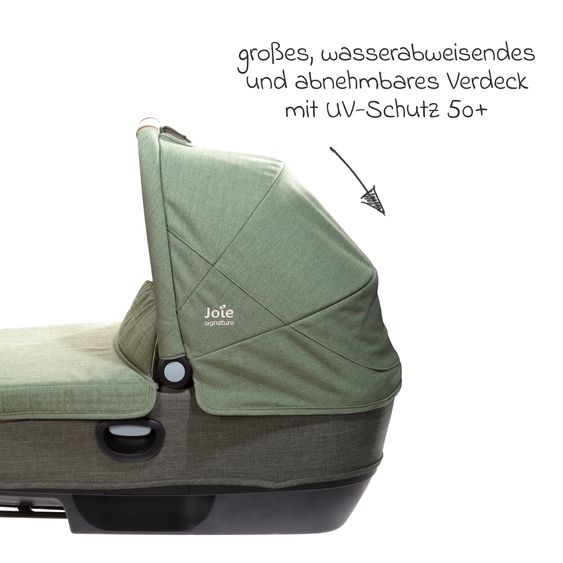 Joie Signature Auto-Babywanne Calmi R129 im Auto und auf den Kinderwagen Vinca, Aeria, Finiti verwendbar inkl. Regenschutz - Signature - Pine
