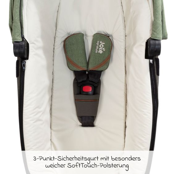 Joie Signature Auto-Babywanne Calmi R129 im Auto und auf den Kinderwagen Vinca, Aeria, Finiti verwendbar inkl. Regenschutz - Signature - Pine