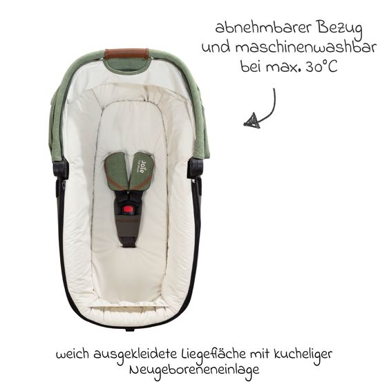 Joie Signature Auto-Babywanne Calmi R129 im Auto und auf den Kinderwagen Vinca, Aeria, Finiti verwendbar inkl. Regenschutz - Signature - Pine