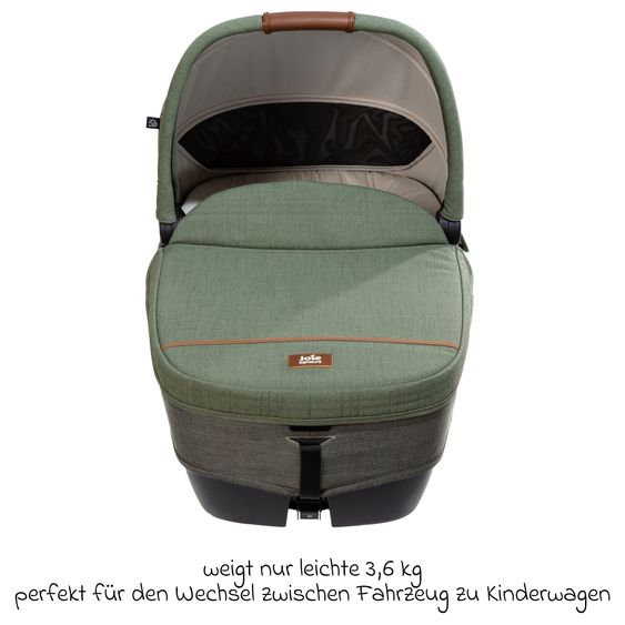Joie Signature Auto-Babywanne Calmi R129 im Auto und auf den Kinderwagen Vinca, Aeria, Finiti verwendbar inkl. Regenschutz - Signature - Pine