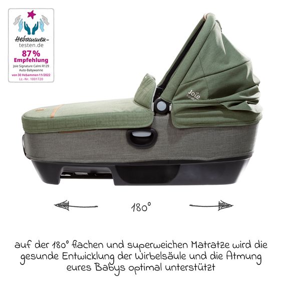 Joie Signature Auto-Babywanne Calmi R129 im Auto und auf den Kinderwagen Vinca, Aeria, Finiti verwendbar inkl. Regenschutz - Signature - Pine