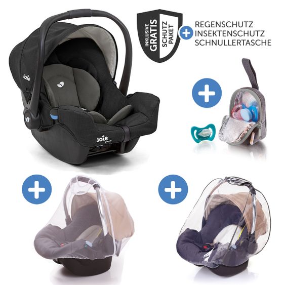 joie Babyschale Gemm Gruppe 0+ - ab Geburt bis 15 Monate (ab Geburt - 13 kg) inkl. Sitzverkleinerer & Zubehörpaket - Shale