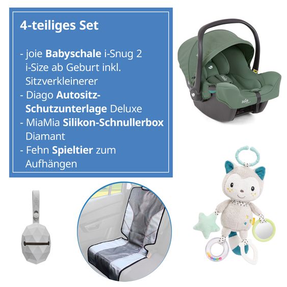 joie Babyschale i-Snug 2 i-Size ab Geburt-13 kg (40 cm-75 cm) inkl. Sitzverkleinerer nur 3,35 kg + GRATIS Autositz-Schutzunterlage + Silikon-Schnullerbox + Spieltier - Laurel