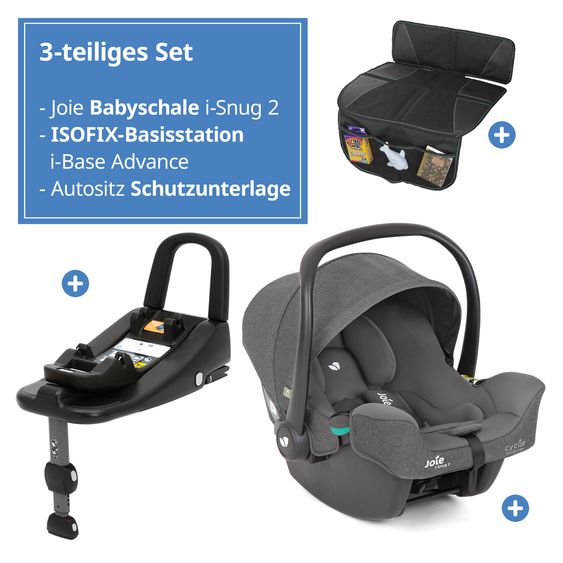 joie Babyschale i-Snug 2 i-Size mit Isofix-Basis ab Geburt-13 kg (40 cm-75 cm) inkl. Sitzverkleinerer nur 3,35 kg inkl. Polsterschutz - Cycle Collection - Shell Grey