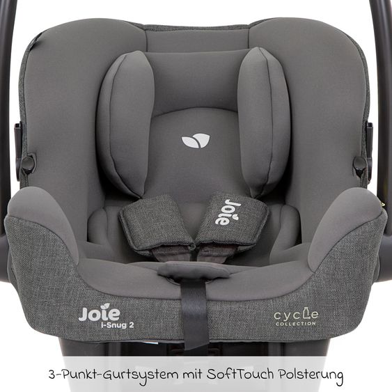 joie Babyschale i-Snug 2 i-Size mit Isofix-Basis ab Geburt-13 kg (40 cm-75 cm) inkl. Sitzverkleinerer nur 3,35 kg inkl. Polsterschutz - Cycle Collection - Shell Grey