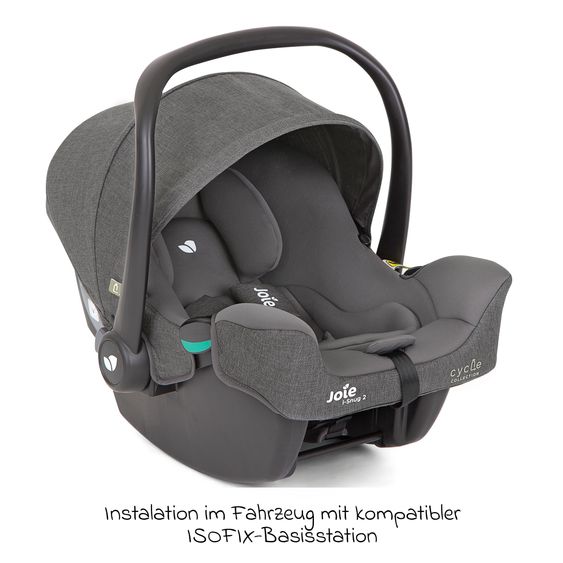 joie Babyschale i-Snug 2 i-Size mit Isofix-Basis ab Geburt-13 kg (40 cm-75 cm) inkl. Sitzverkleinerer nur 3,35 kg inkl. Polsterschutz - Cycle Collection - Shell Grey