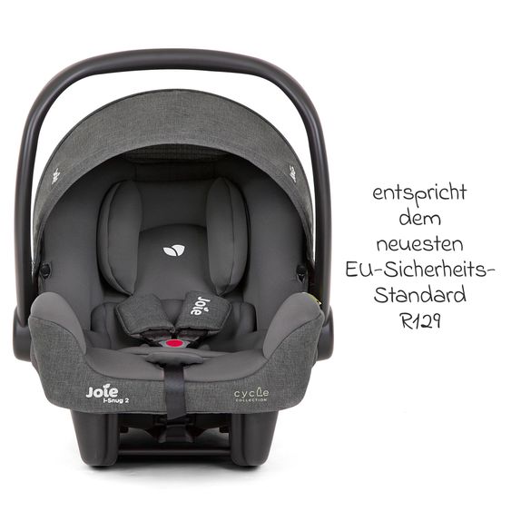 joie Babyschale i-Snug 2 i-Size mit Isofix-Basis ab Geburt-13 kg (40 cm-75 cm) inkl. Sitzverkleinerer nur 3,35 kg inkl. Polsterschutz - Cycle Collection - Shell Grey