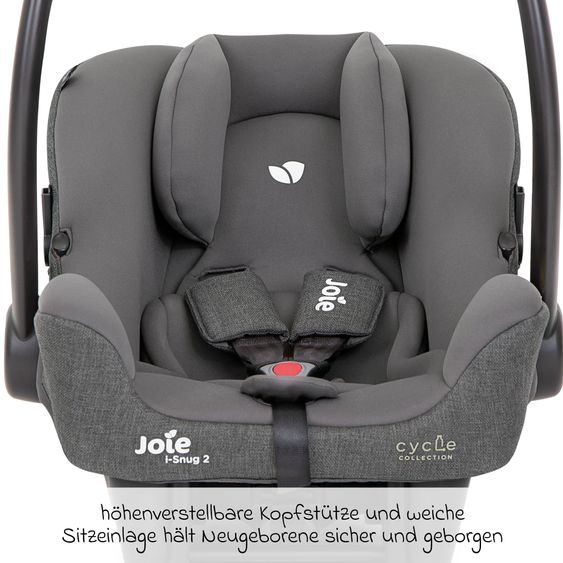 joie Babyschale i-Snug 2 i-Size mit Isofix-Basis ab Geburt-13 kg (40 cm-75 cm) inkl. Sitzverkleinerer nur 3,35 kg inkl. Polsterschutz - Cycle Collection - Shell Grey